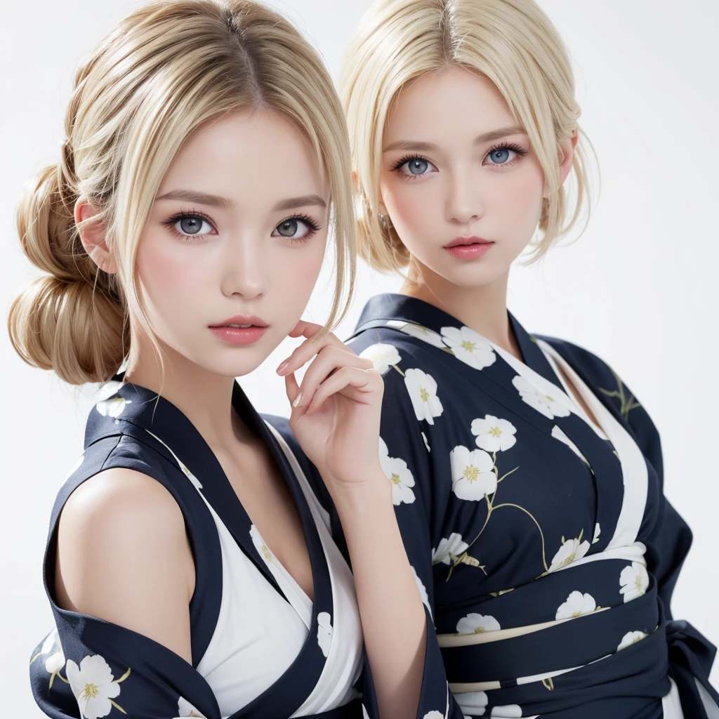 (((forehead、White Blonde Hair、Northern Europe、White people、beautiful girl、Blonde、White background、yukata、Chignon)))、table top, highest quality, figure, super detailed, finely, High resolution, 8k wallpaper, Perfect dynamic composition, detailed and beautiful eyes, Deco out,bionde, medium hair, big breasts, Natural color lip,white background, random cute poses,frill dress