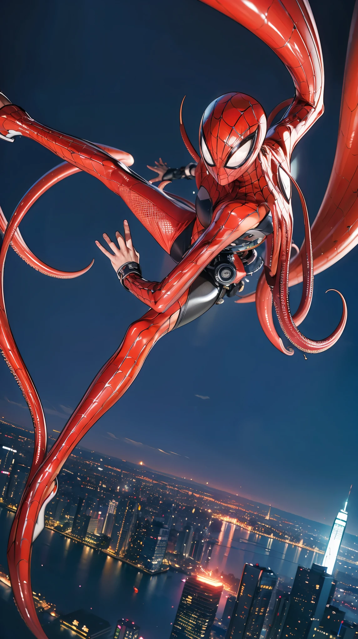 ((masterpiece)),(((最high quality))),thin太もも,Long legs,whole body:1.5,1 Girl,A woman wearing a spider girl costume fights、Childish face and appearance、Damaged by countless mechanical tentacles.,Gravure idol level cuteness,short hair that shows the forehead,Accurately drawn faces,Sweaty skin,thin,Anatomically correct,Perfect proportions,Accurate Fingers,Battle scenes with active poses and angles,mechanical tentacles wrap around your arm.,Spider girl costume that is very thin and fits the body,place々Clothes are torn and skin is visible.,countless mechanical tentacles,In a skyscraper at night,masterpiece,high quality,Spider systems are widespread:1.5,