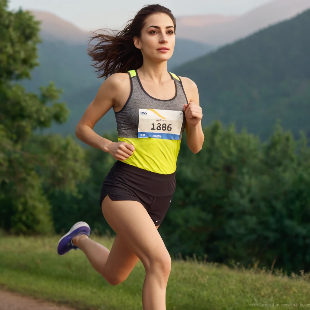 Generate an image of Elena, a 32-year-old woman, 1.68m tall and 58kg, with dark brown eyes, an oval face, and light brown hair, going for a morning run --style photorealistic --full-body --high-detailed --soft-light --pose dynamic --scene outdoor --time morning --weather clear --resolution 32768x16384