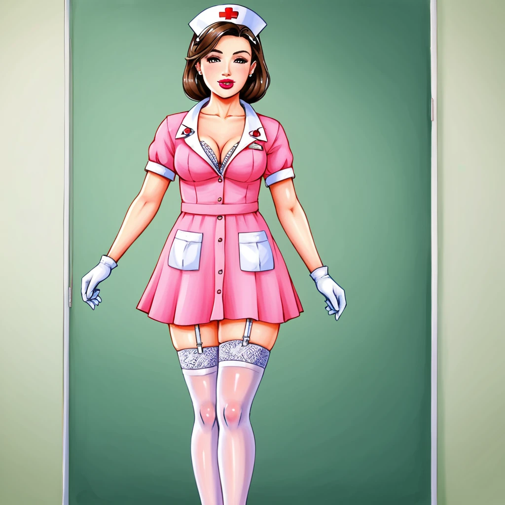 In the dimly lit hospital room, a young female nurse in her early twenties stands out against the somber backdrop. Dressed in lacy lingerie, thigh-high stockings, and a nurse's cap, she exudes a sense of seductive mystery. Her low-cut pink top showcases ample cleavage, while white gloves add an air of sophistication. Her gaze, with slightly droopy eyes and full pink lips, invites the viewer to step into her world.
Subtle hints of gothic horror elements in the background, such as ornate medical equipment and eerie shadows, add depth and intrigue to the piece without overpowering the composition. The nurse's cap and white gloves serve as a nod to the darker undertones, balancing the provocative themes with elegance.
The artist's skillful brushwork, color theory, and attention to detail bring forth a visually stunning image that is both thought-provoking and beautiful. The result is a masterpiece reminiscent of renowned painters Ilya Kuvshinov, Gaston Bussière, Craig Mullins, Hajime Sorayama, and Alphonse Mucha.
Technical details:
* Medium: watercolor hiperrealistic painting with High Dynamic Range (HDR) imaging
* Resolution: 8K
* Lighting: Soft, warm glow in the background
* Composition: The nurse's figure is centered, with the hospital room's horny tones creating a sense of contrast and intrigue.