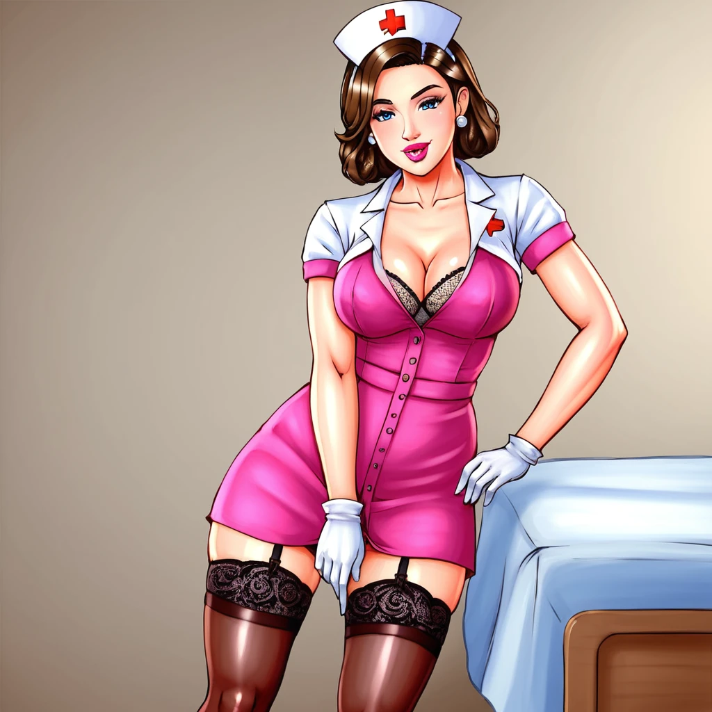 In the dimly lit hospital room, a young female nurse in her early twenties stands out against the somber backdrop. Dressed in lacy lingerie, thigh-high stockings, and a nurse's cap, she exudes a sense of seductive mystery. Her low-cut pink top showcases ample cleavage, while white gloves add an air of sophistication. Her gaze, with slightly droopy eyes and full pink lips, invites the viewer to step into her world.
Subtle hints of gothic horror elements in the background, such as ornate medical equipment and eerie shadows, add depth and intrigue to the piece without overpowering the composition. The nurse's cap and white gloves serve as a nod to the darker undertones, balancing the provocative themes with elegance.
The artist's skillful brushwork, color theory, and attention to detail bring forth a visually stunning image that is both thought-provoking and beautiful. The result is a masterpiece reminiscent of renowned painters Ilya Kuvshinov, Gaston Bussière, Craig Mullins, Hajime Sorayama, and Alphonse Mucha.
Technical details:
* Medium: watercolor hiperrealistic painting with High Dynamic Range (HDR) imaging
* Resolution: 8K
* Lighting: Soft, warm glow in the background
* Composition: The nurse's figure is centered, with the hospital room's horny tones creating a sense of contrast and intrigue.