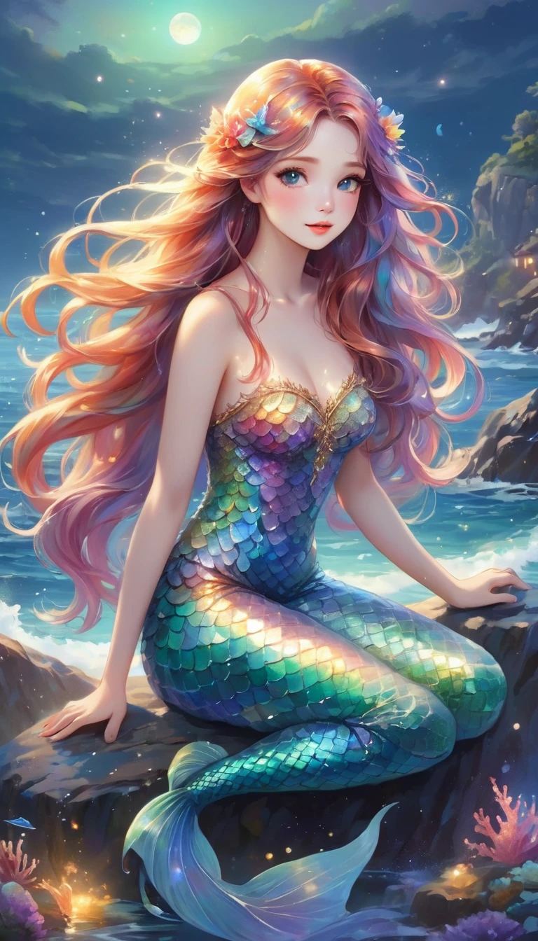 (best quality,4k,8k,highres,masterpiece:1.2),ultra-detailed, drawn in anime style, Pretty  princess magically transformed into a beautiful mermaid, race swap, fantastic transformation, steampunk, fish like, wet body, dominant shades of red, long and detailed mermaid tail with shimmering red fish scales, fins ears, very long pigtails red hair that sparkles in the light, pearl hair ornaments, sharp teeth, is smiling, pink eyes, small breast, long pelvic and dorsal fins, pair of fish gills on her neck and torso, red shell bra, starfish hair clips, pearl earrings and bracelets, pearl necklace, hair ribbons, gold tiara, embracing her new life has a mermaid, joyful expression, sitting on a rock, sandy beach, brushing her hair, ocean waves,sparkling water,coconut trees,seagulls,vibrant colors,magical glow,shimmering scales,sea breeze,warm sunlight,joyful expression,island paradise,lush tropical plants,dynamic composition,soft and smooth lines,expressive facial features,gentle water reflections,serene atmosphere, Highly detailed, masterpiece, high quality, 4K