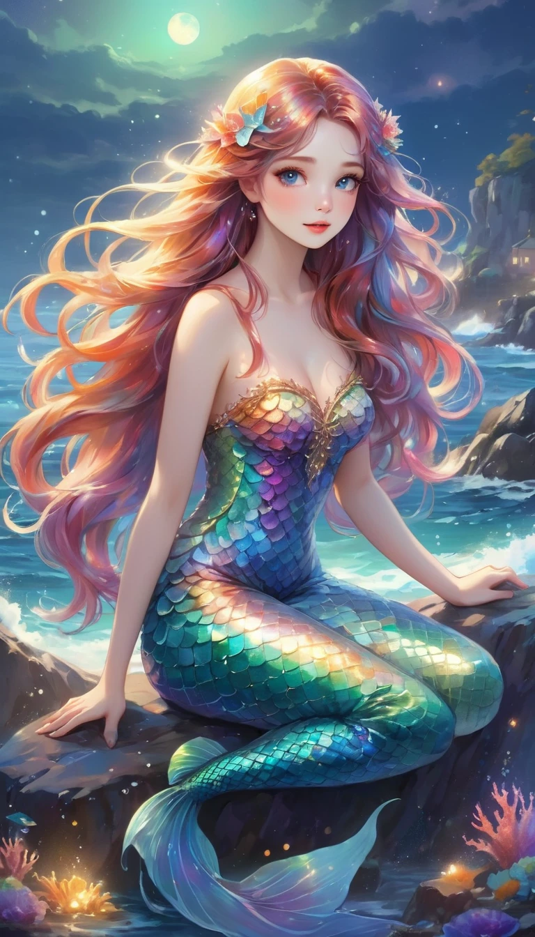 cute 20 year old mermaid with rainbows colored hair with mermaid braids wearing beautiful hair accessoires coming out of the ocean surface, sunset, wears a rainbows glittery mermaid bra, beautiful mermaid, beautiful detailed human face, red lips, alluring eyes, elaborated mermaid rainbow tail, serene, masterpiece, full body shot, highres, high resolution, high quality, intricate details, extremely detailed, incredible details, full colored, complex details, insanely detailed and intricate, extremely detailed with rich colors. masterpiece, best quality, HDR, UHD, unreal engine, High quality, gorgeous, glamorous, 8k, super detail, gorgeous light and shadow, detailed decoration, detailed lines, glittery, fantasy, pretty colors, anime style