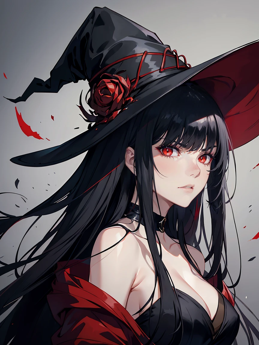 handsome woman,red-eyes,red pupils,Long black hair, grey skin, looks ill, Hyperresolution,accuracy,Detailed rendering,(Subtle facial image)(Image of fine hair)(topquality)(Masterpieces of masters)(High degree of completeness)(A sense of atmosphere)tmasterpiece,Super detailed and super detailed(half-body portrait), large witch hat, ankle length black straight hair, fierce look in her eyes, looks angry, blood