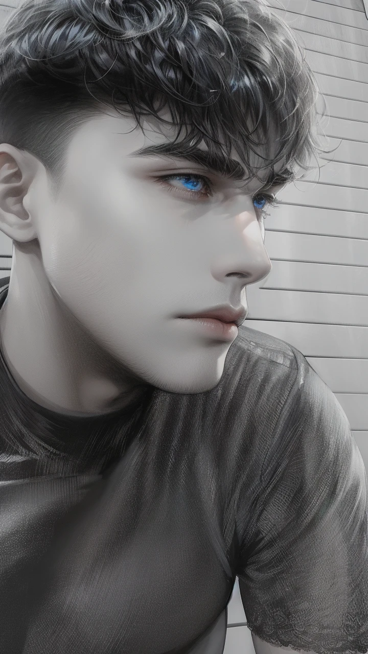 masterpiece, best quality, realistic, 1man, male focus, mature, tall muscular, handsome, [thick eyebrows], portrait, extremely detailed face, short black Quiff hair with Soft Fringe (bangs part on side 3:7 ratio), (blue eyes), no smile