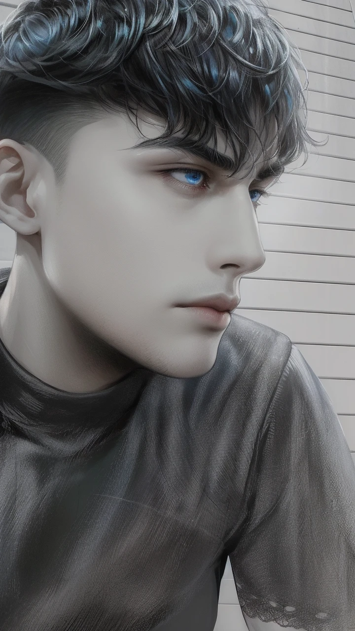 masterpiece, best quality, realistic, 1man, male focus, , tall muscular, handsome, [thick eyebrows], portrait, extremely detailed face, short black Quiff hair with Soft Fringe (bangs part on side 3:7 ratio), (blue eyes), no smile