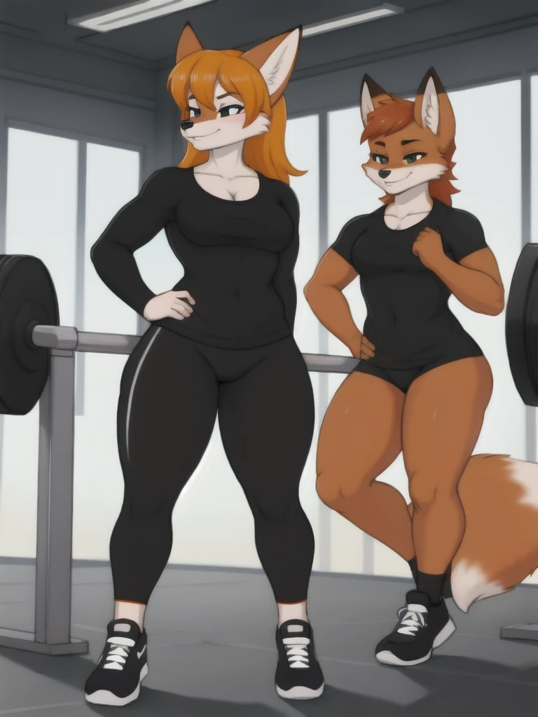 Furry, fox, female, black shirt, black leggings, shoes, gym, teen, standing, full body