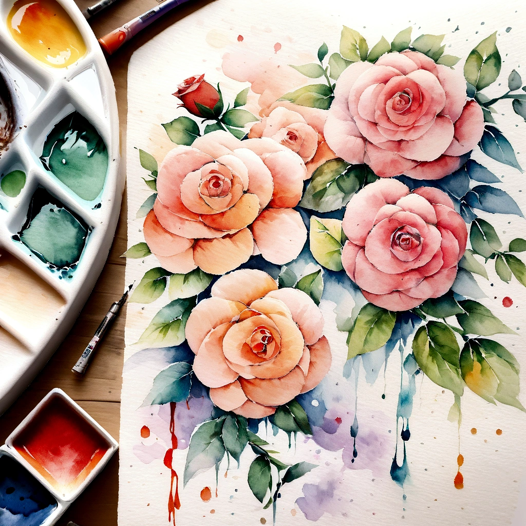 Rose painting with splatter background and spray paint effect, , watercolor art, painting, watercolor painting style, watercolor detailed art, watercolor digital painting, watercolor , masterfully detailed watercolor, watercolor art