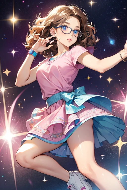 She has brown, curly hair, and blue eyes. She is wearing a pink top, silver skirt, glasses, white shoes, and a watch. SPARKLE; GLITTER