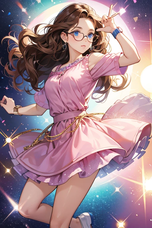 She has brown, curly hair, and blue eyes. She is wearing a pink top, silver skirt, glasses, white shoes, and a watch. SPARKLE; GLITTER