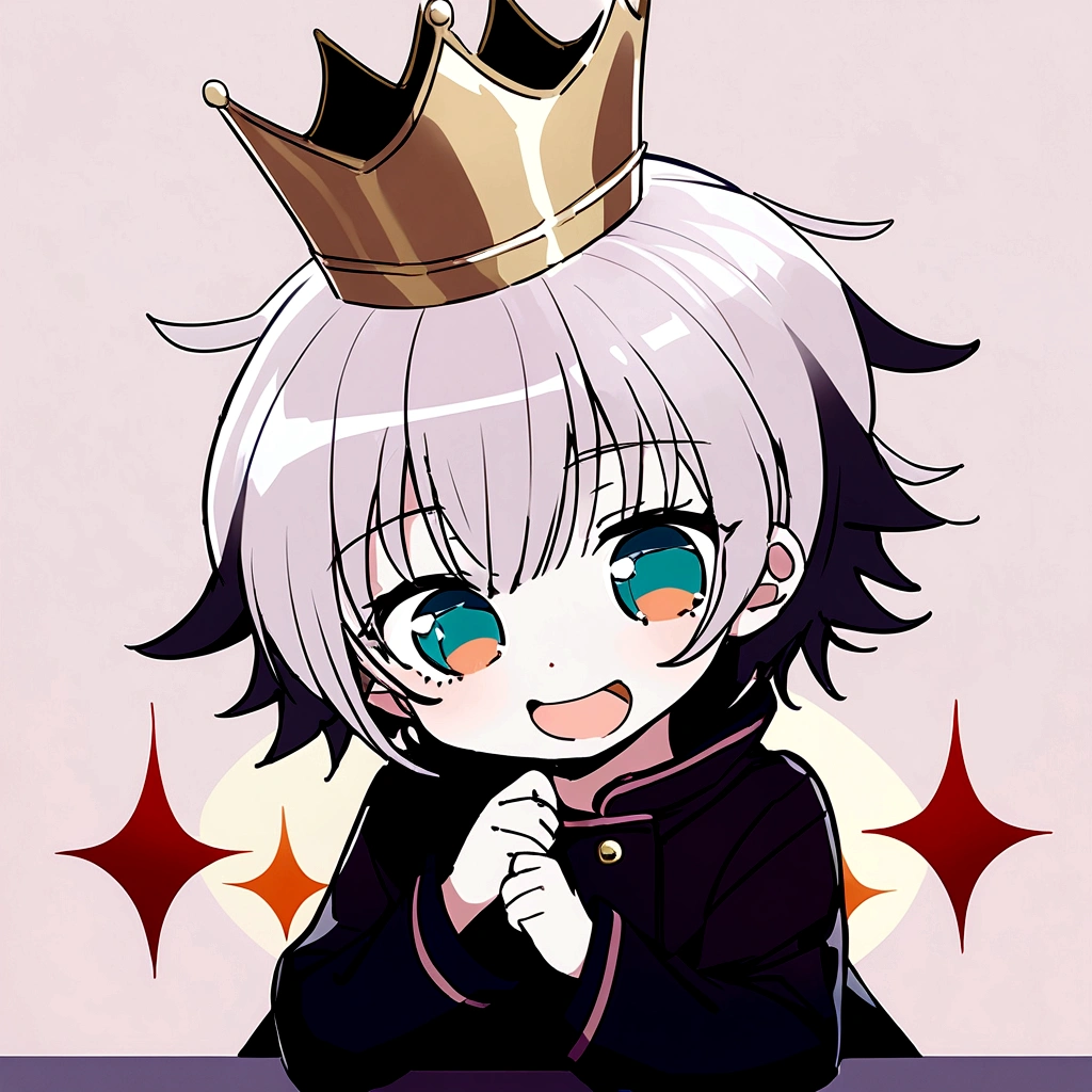 Make Satoru Gojo smile with his mouth open, without glasses and keeping his crown