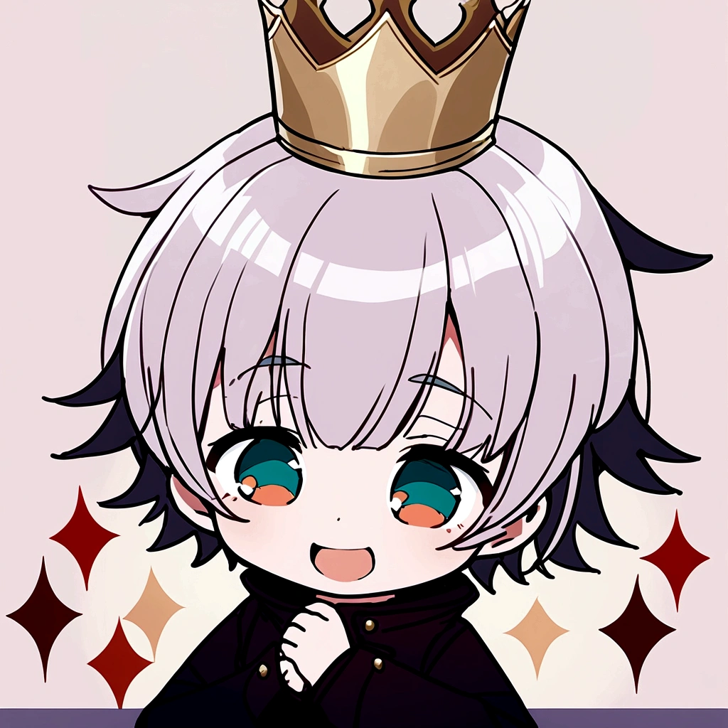 Make Satoru Gojo smile with his mouth open, without glasses and keeping his crown