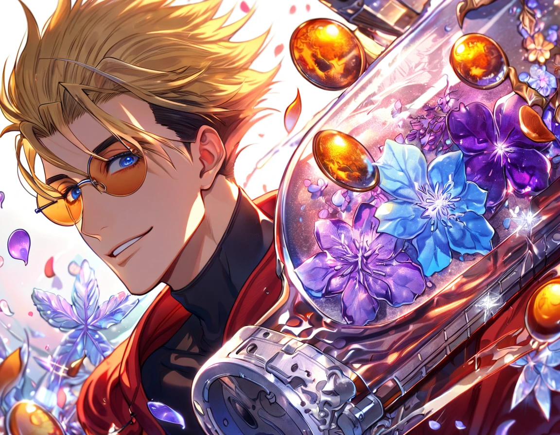 Ultra detailed, HDR, Highres, absurdres, master piece, Vash Stampede, expressive blue eyes, blond hair, red coat with a hoodie, black tight shirt, amber round sunglasses, Trigun, glass, purple ice, petals, purple ice flowers, sexy man, solo, handsome, glittering, purple glass, best quality, handsome smile