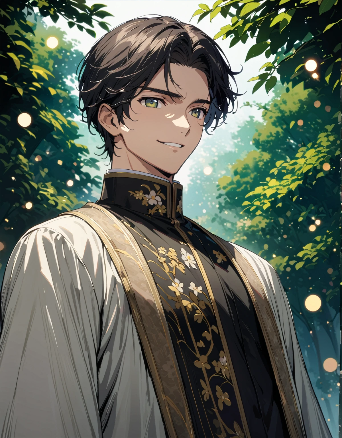 1 Male. Old-fashioned smile. flowerびら. __flower__. four seasons. Bokeh.
Nice body, beautiful 肌. oily 肌. Very delicate and beautiful. Very detailed. Clear Eyes. Clear presentation, HD detailed, Detailed Performance, Fine details, Clear Face, Correct it precisely, ((Long black hair))、Long white hair,good looking, expensive,A kind smile、Slightly muscular,(Transparent eyeball), (1 person: 1.3), Hand-drawn, Simple lines, (An 18-year-old man wearing a white Chinese suit), Misty Forest、Upper body