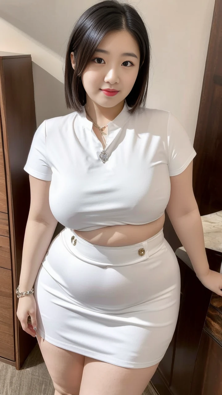 ((best quality)), ((masterpiece)), (detailed), perfect face, araffe woman in a long dark-blue shirt and blue denim skirt walking down a street, thicc, wavy short hair , she has a jiggly fat round belly, bbwchan, wearing tight simple clothes, skinny waist and thick hips, widest hips, her belly is fat and round, soft curvy shape, hyperrealistic full figure, wearing a cute top, wide hips, wearing 10 bracelet , wearing huge diamond necklace