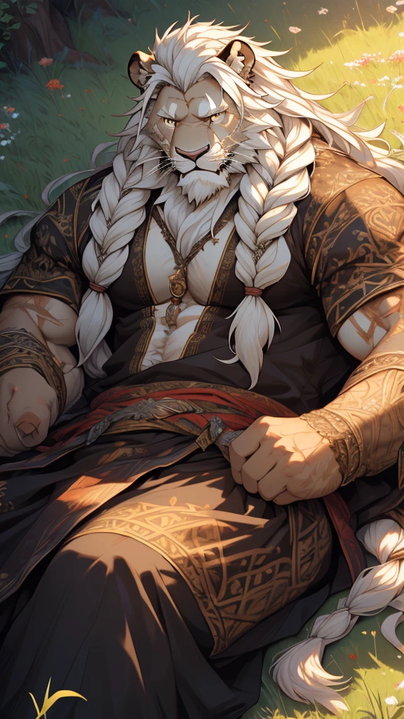 (masterpiece),(highres),(intricate details:1.4),extremely detailed,(illustration:1.2),8k,photorealistic,exquisite,aged,elder male lion ,muscular,swordsman,manhood ,(white hair:1.3),long hair,braided hair,long white beard,scar,badly damaged,hurt,broken body ,lying on the grassland 