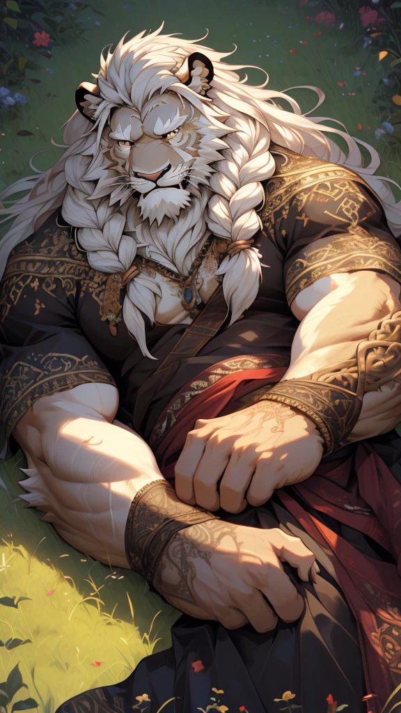 (masterpiece),(highres),(intricate details:1.4),extremely detailed,(illustration:1.2),8k,photorealistic,exquisite,aged,elder male lion ,muscular,swordsman,manhood ,(white hair:1.3),long hair,braided hair,long white beard,scar,badly damaged,hurt,broken body ,lying on the grassland