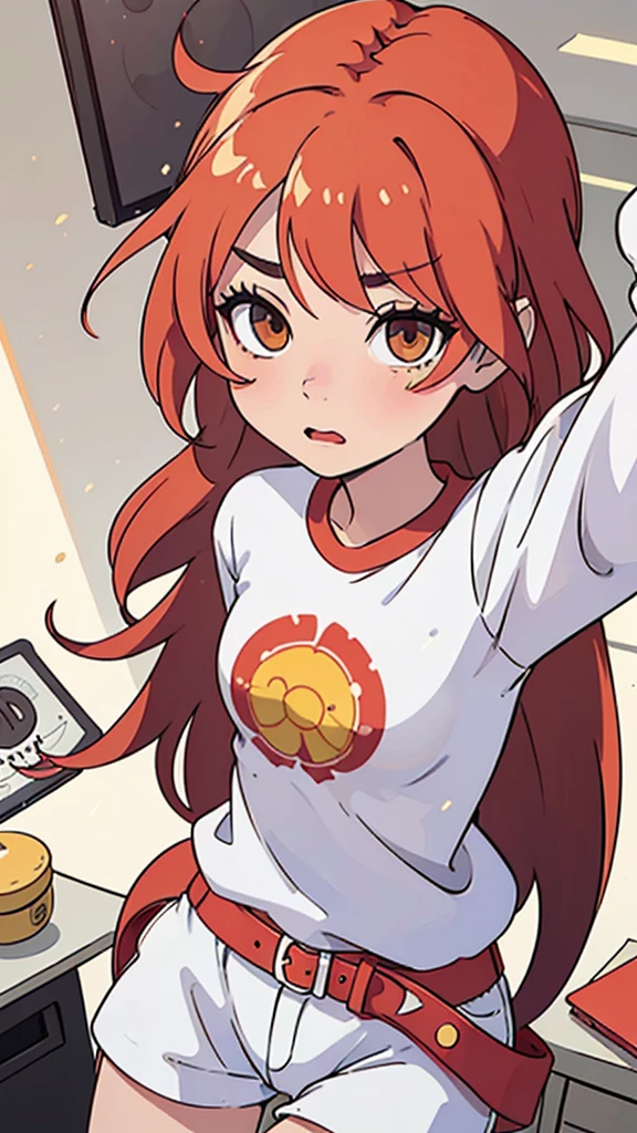 an anime girl, age 26, light RED hair, yellowish brown eyes, skin fair, body skinny, smallbreast, shy expression and in office clothes. Clumsy and slightly awkward.