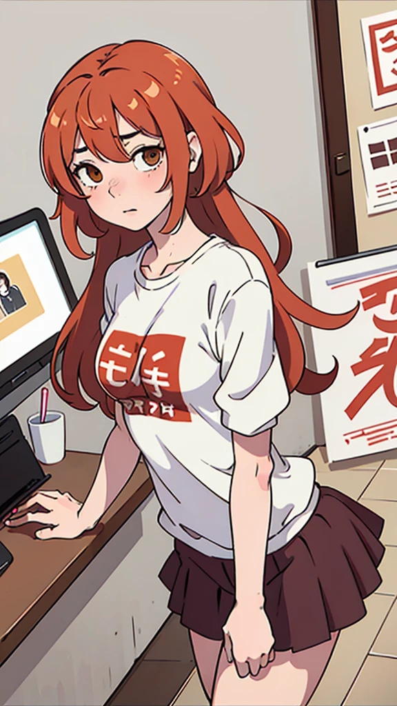 an anime girl, age 26, light RED hair, yellowish brown eyes, skin fair, body skinny, smallbreast, shy expression and in office clothes. Clumsy and slightly awkward.
