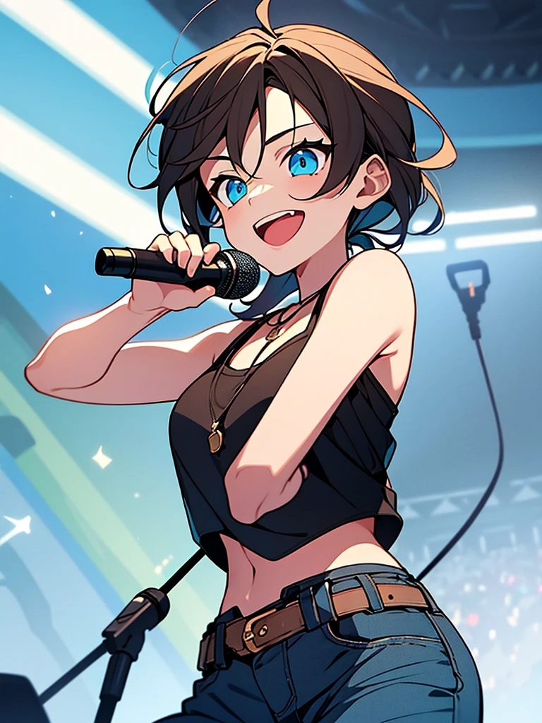 1boy, androgynus body, brown hair, two ponytails, blue eyes, happy face, black necklace, green top, blue jean jacket, blue bell-bottom pants, black shoes, green microphone on the hand, concert background