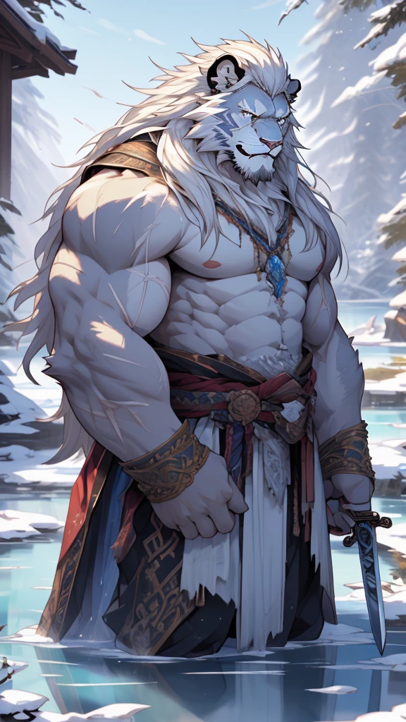 (masterpiece),(highres),(intricate details:1.4),extremely detailed,(illustration:1.2),8k,photorealistic,exquisite,solo,aged,elder male lion ,muscular,swordsman,manhood ,(white hair:1.3),long hair,long white beard,scar,badly damaged,hurt,broken body ,the icey frozen lake,bleeding ,suffering,naked body 