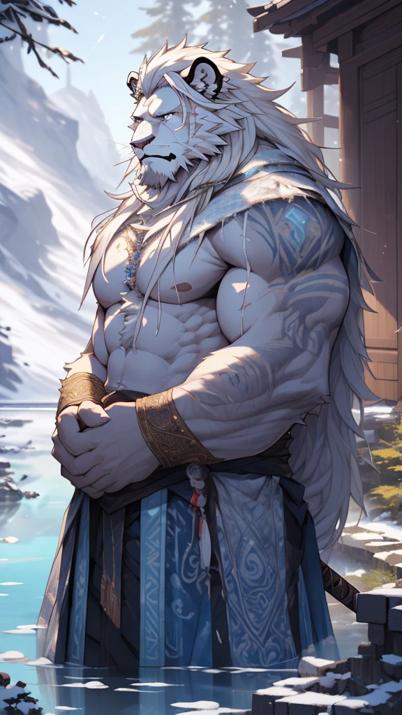 (masterpiece),(highres),(intricate details:1.4),extremely detailed,(illustration:1.2),8k,photorealistic,exquisite,solo,aged,elder male lion ,muscular,swordsman,manhood ,(white hair:1.3),long hair,long white beard,scar,badly damaged,hurt,broken body ,the icey frozen lake,bleeding ,suffering,naked body 