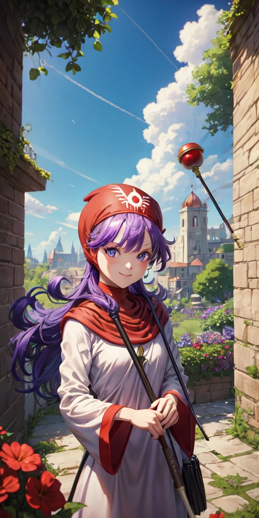 masterpiece, best quality, dqPom, red hood, purple hair, robe, upper body, holding staff, sky, garden, looking at viewer, slight smile, shy 