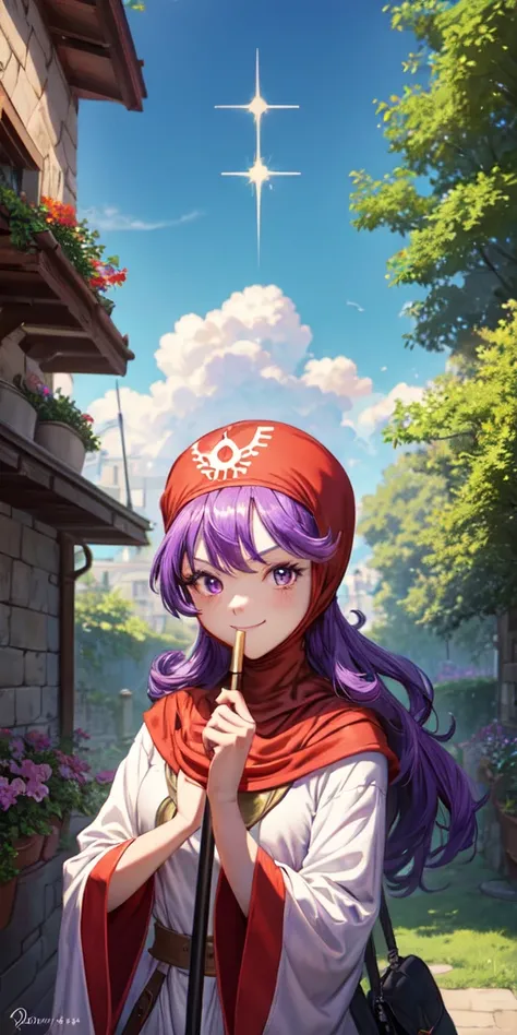 masterpiece, best quality, dqpom, red hood, purple hair, robe, upper body, holding staff, sky, garden, looking at viewer, slight...