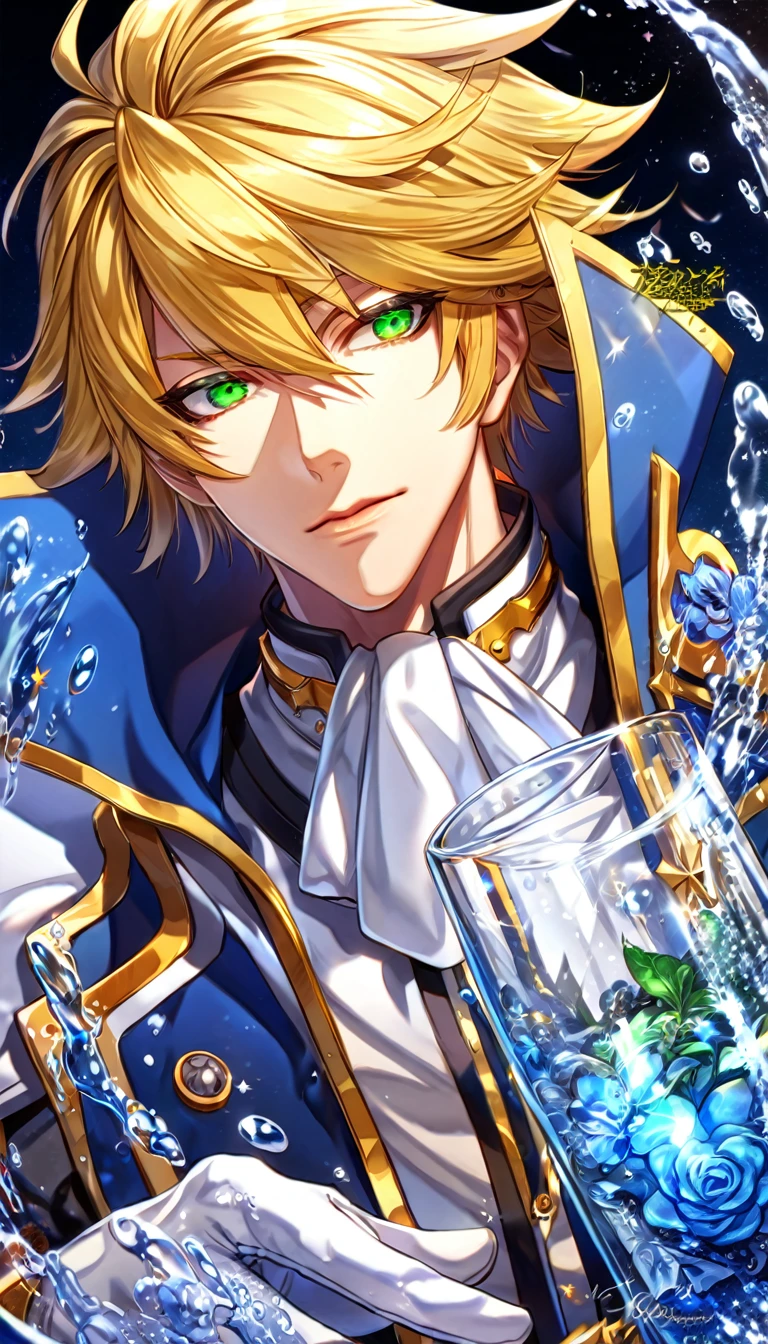 absurdres, highres, ultra detailed, HDR, master piece, best quality, extremely detailed, Kisaragi Jin, blond hair, expressive green eyes, Blazblue, solo, sexy man, handsome, blue coat, white clothes, white gloves, magical, fantasy, glittering, sparkling, glass, blue flowers, blue petals, water, blue moon