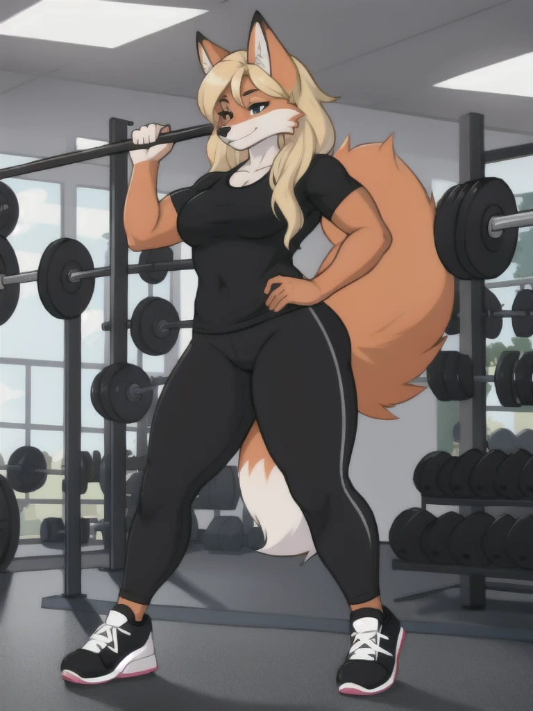Furry, fox, female, black shirt, black leggings, shoes, gym, teen, standing, full body