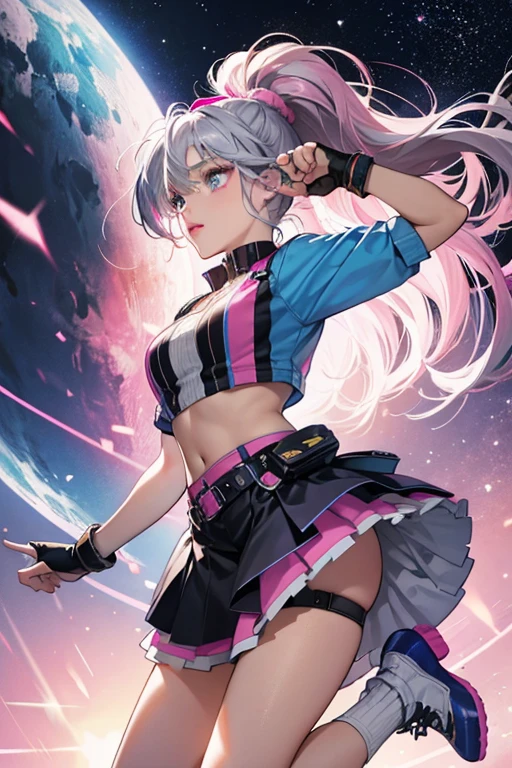 Astro B.B. has silvery grey hair and has a pink streak in it. Her hair is in two ponytails held by bright pink hairbands. Her skin is tan and her eyes are grey. She has pink lipstick and detailed eyelashes. She has star highlights in her eyes.

She has pink, fingerless gloves and a blue stripe going up to her left arm and her chest. Her shirt is pink with a small hole at the top. It has a face on it. Her skirt is open at the front and is held up with a pink belt. Her skirt is clear and blue with pink edges, and it has stars and UFOs on it. Her trousers are pink with a black line going up to them. Her shoes are black with large blue bottoms. SPARKLE; GLITTER