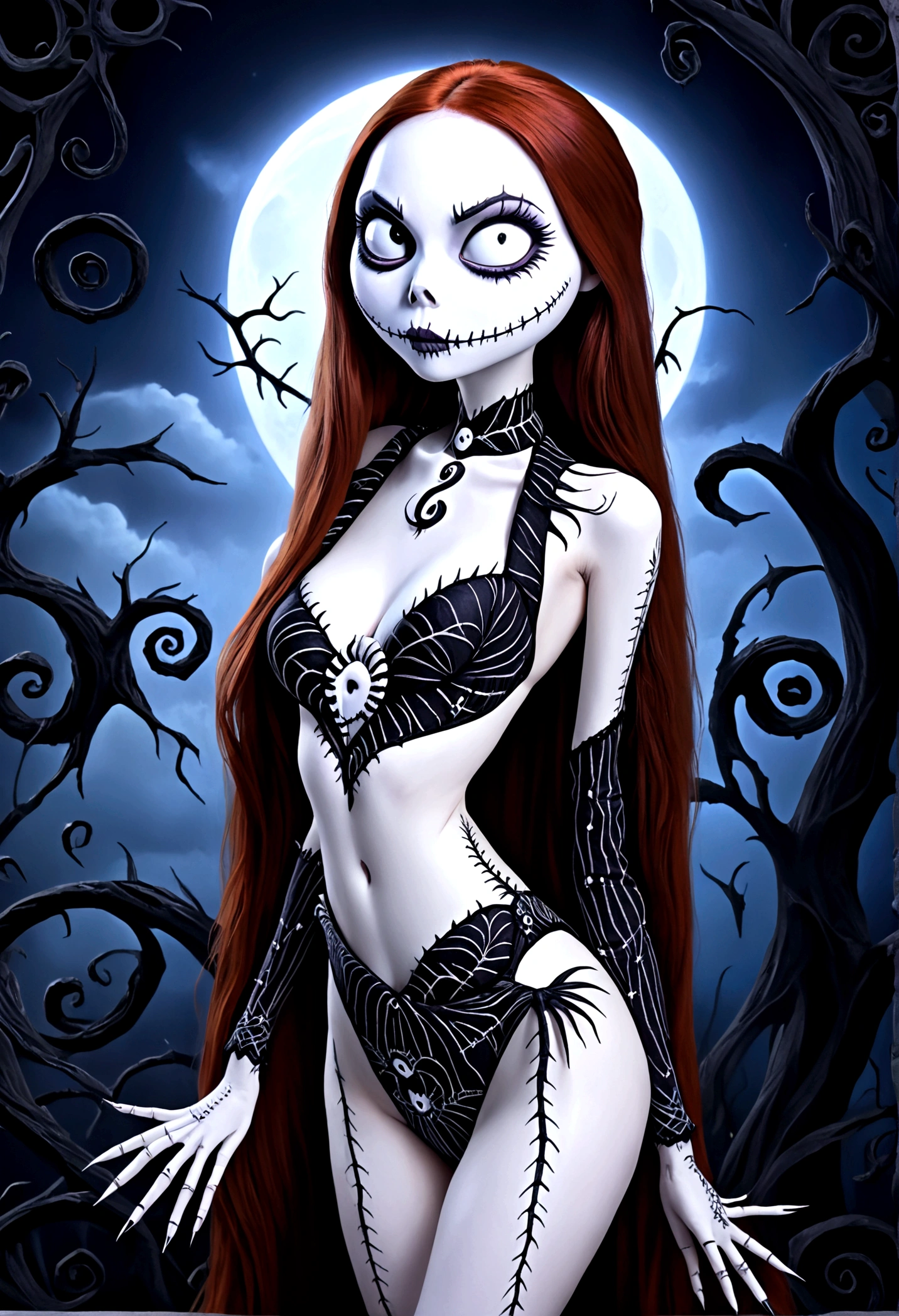 Create a hyper detailed photograph of a jack Skellington tattoos young sexy stunning gorgeous sally Skellington, Stunningly perfect gorgeous face, perfect makeup, detailed vibrant eyes, long hair,detailed perfect beautiful legs, detailed perfect beautiful arms, realistic torso, detailed silky smooth skin texture, detailed silky smooth perky breast, perfect round ass, transparent strappy lace lingerie, back to viewer, looking forward,