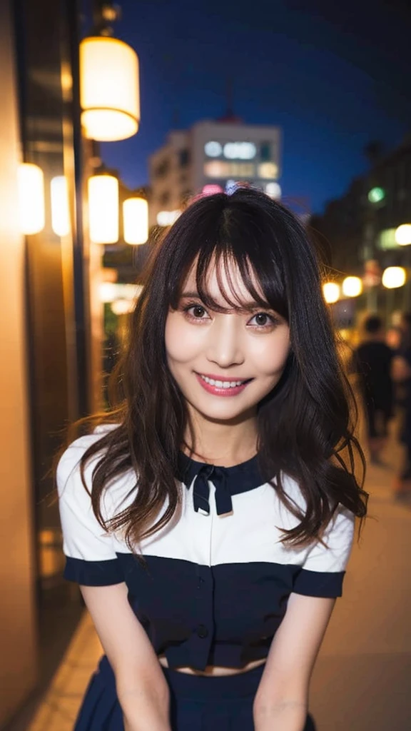 (8k, RAW photo, best quality, mastery:1.3),(realistic,photo-realistic:1.37),(night),(looking viewer:1.331),(white hair),posing,Tokyo street,nightcityscape,cyberpunk city,soft light, 1girl, extremely beautiful face, perfect body proportions, focal length, bust, casual hairstyle, smile, big eyes, (short sleeves JK_shirt), JK_style, (navy JK_skirt), (bow JK_tie), mix4, detailed eyes