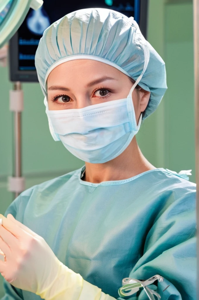 A female surgeon in surgical outfit, surgical mask, surgical cap and surgical gloves, Detailed picture, very high resolution, operating room,  