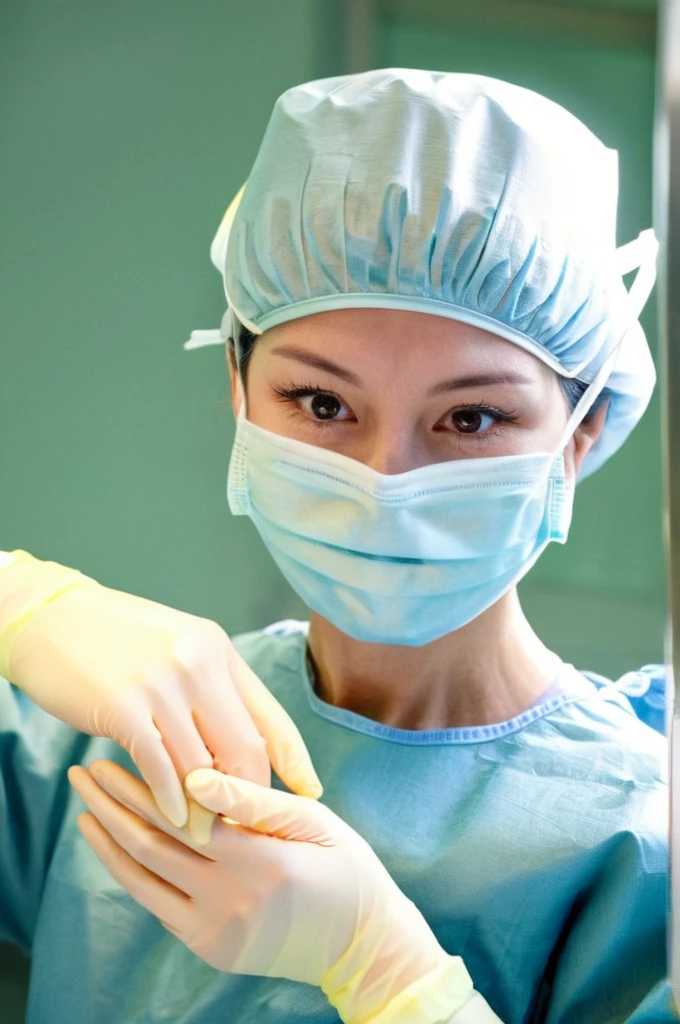 A female surgeon in surgical outfit, surgical mask, surgical cap and surgical gloves, Detailed picture, very high resolution, operating room,  