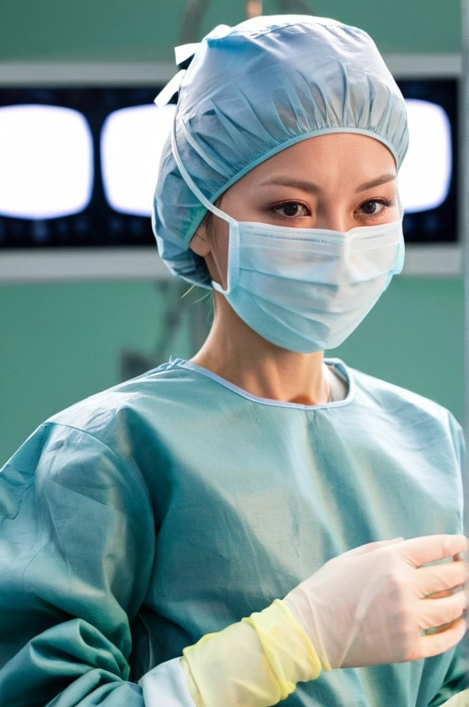 A female surgeon in surgical outfit, surgical mask, surgical cap and surgical gloves, Detailed picture, very high resolution, operating room,  