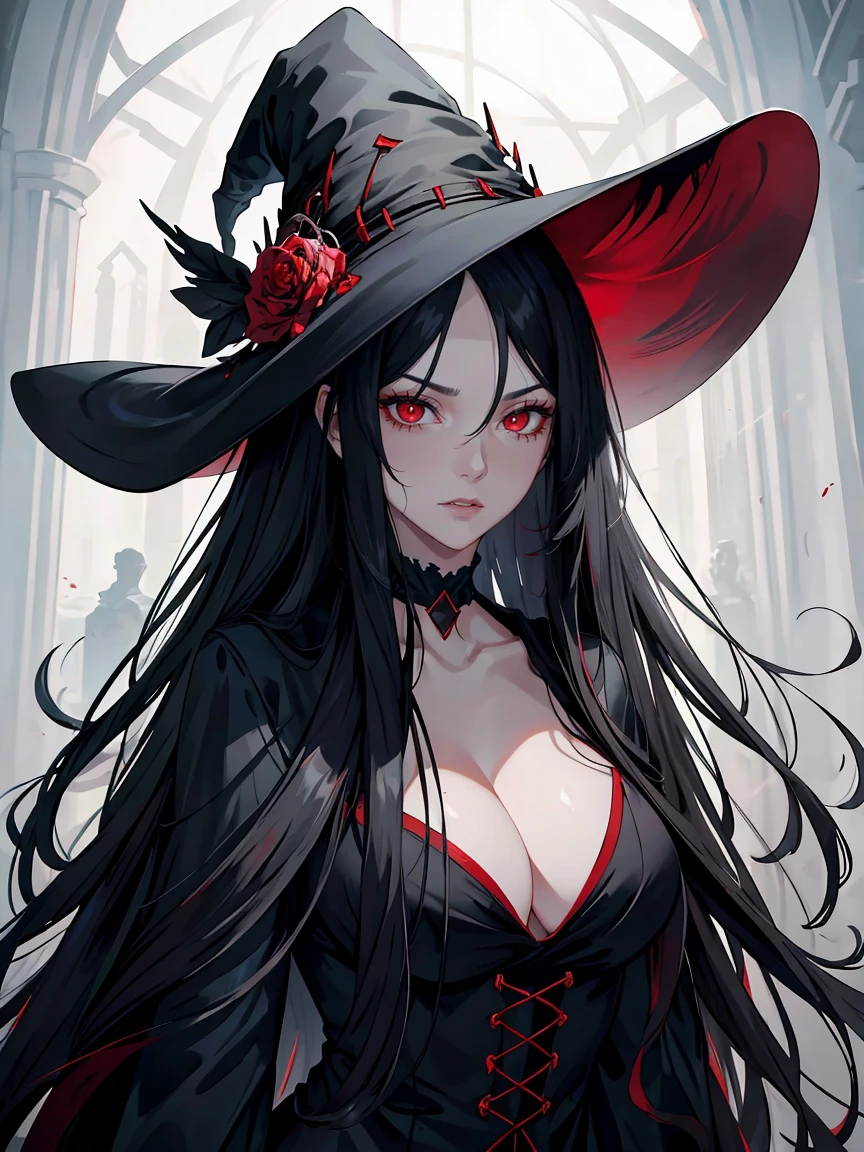 handsome woman，red-eyes，red pupils，Long black hair, grey skin, looks ill, Hyperresolution，accuracy，Detailed rendering，（Subtle facial image）（Image of fine hair）（topquality）（Masterpieces of masters）（High degree of completeness）（A sense of atmosphere）tmasterpiece，Super detailed and super detailed（half-body portrait), large witch hat, ankle length black straight hair, fierce look in her eyes, blood