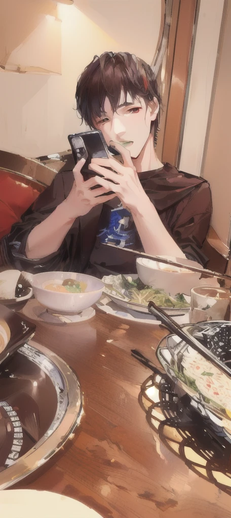 masterpiece，best quality，A man is taking a photo of a bowl of soup, eat, He was about 18 years old5岁, cai xukun, eat noodles, exclusive, He was about 18 years old, He was about 18 years old, 