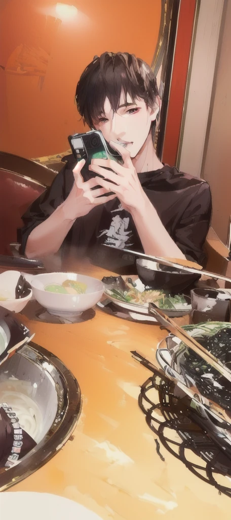 masterpiece，best quality，A man is taking a photo of a bowl of soup, eat, He was about 18 years old5岁, cai xukun, eat noodles, exclusive, He was about 18 years old, He was about 18 years old, 