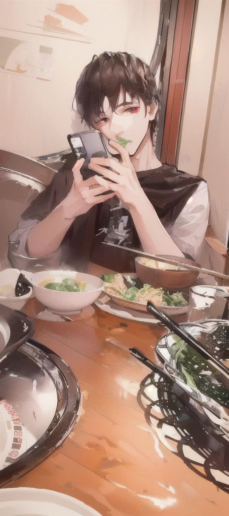 masterpiece,best quality,A man is taking a photo of a bowl of soup, eat, He was about 18 years old5岁, cai xukun, eat noodles, exclusive, He was about 18 years old, He was about 18 years old,