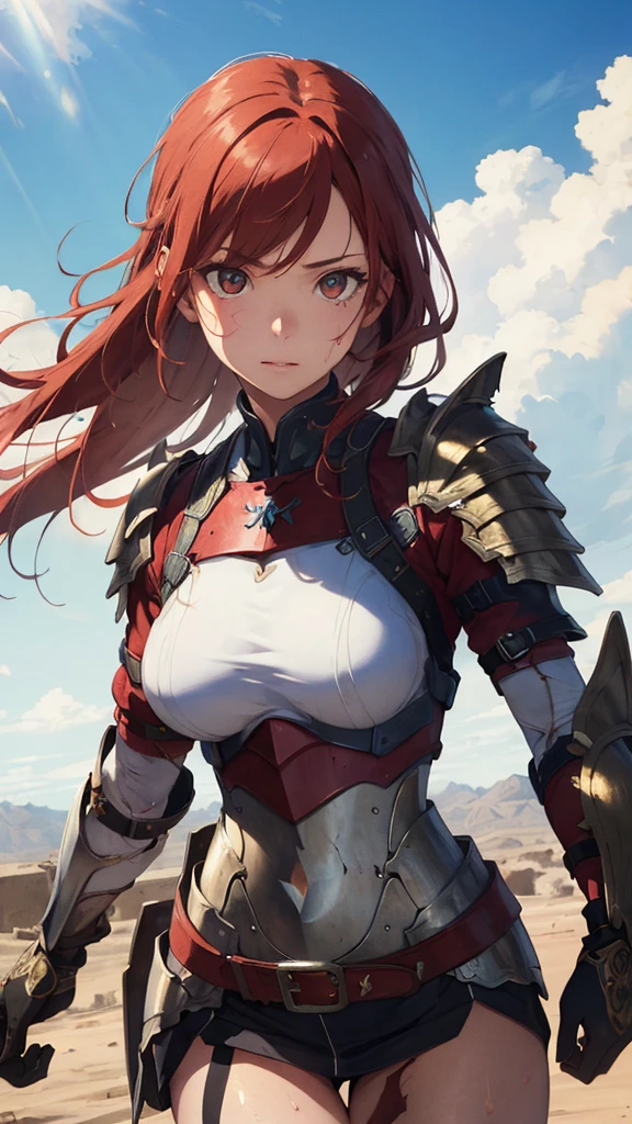 ((((masterpiece, best quality, high resolution)))), Extremely detailed 8K, 1 female, wearing a warrior type of armor, (Ultra HD, Ultra-detailed, Highly detailed, Highly realistic, Ultra-realistic, photograph realistic), (1girl:1.5), (Realistic red hair), (dynamic poses), facing at camera, looking at viewer, (a serious calm face), (regular black eyes, sharp eyes), (perky breasts:1.2), (beautiful detailed face, beautiful detailed eyes), ((armor damaged)), (preparing for a fight), sweat, glow, (sunbeam, sunlight), ((cowboy shot)), battlefield background, seductive, EnvyBetterHands LoCon,