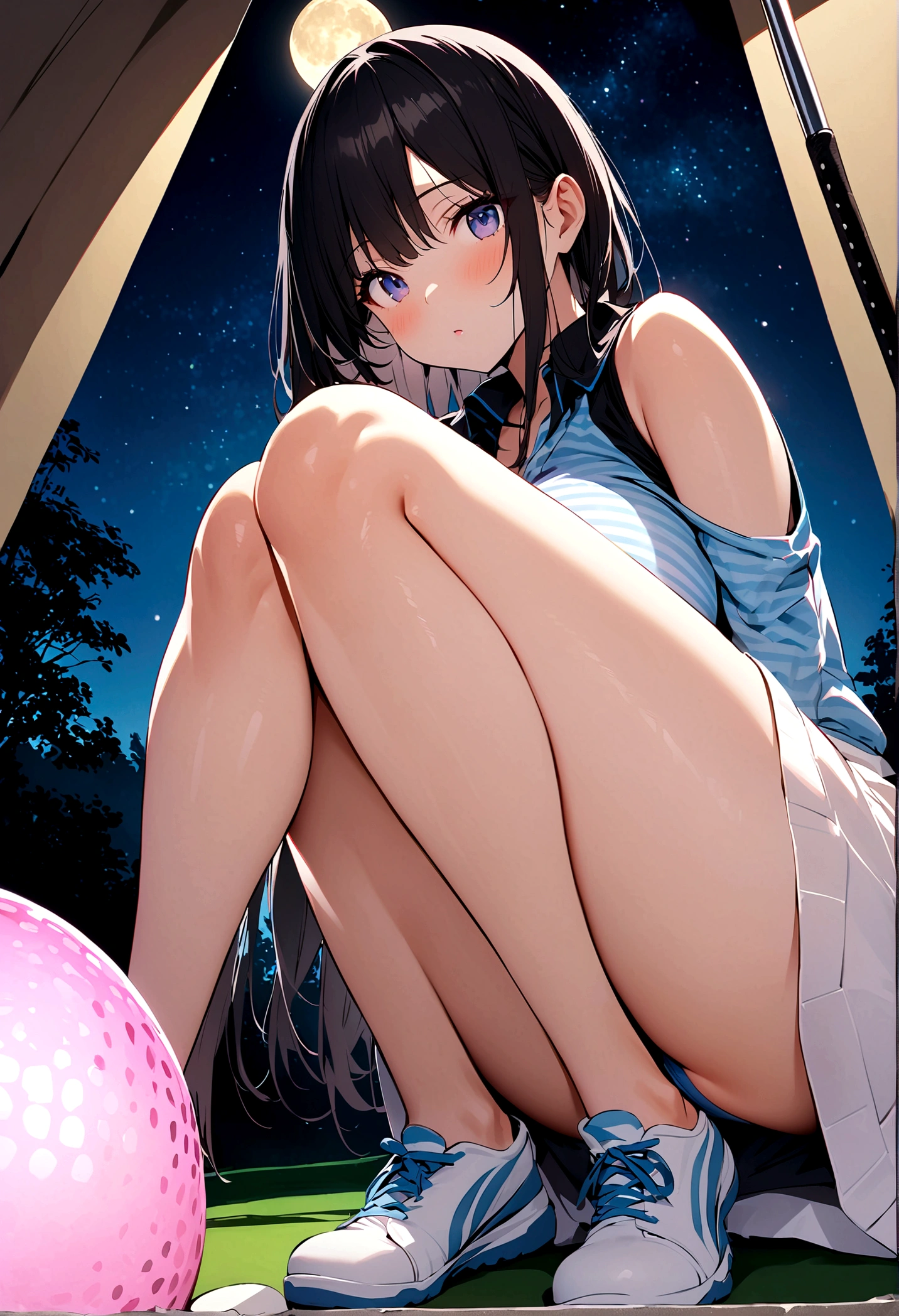 1 female、woman with very long black hair、Busty women、Spectacular views、Night Scene、The view from the top of the hill、Full moon night sky、swirling starry sky、８K、Best Quality、The woman&#39;s whole body is in the photo、The woman is wearing a miniskirt and her crotch is visible.、Standing motionless in golf wear, staring at the ball、The thong is transparent、、With a golf club、Sitting squatting