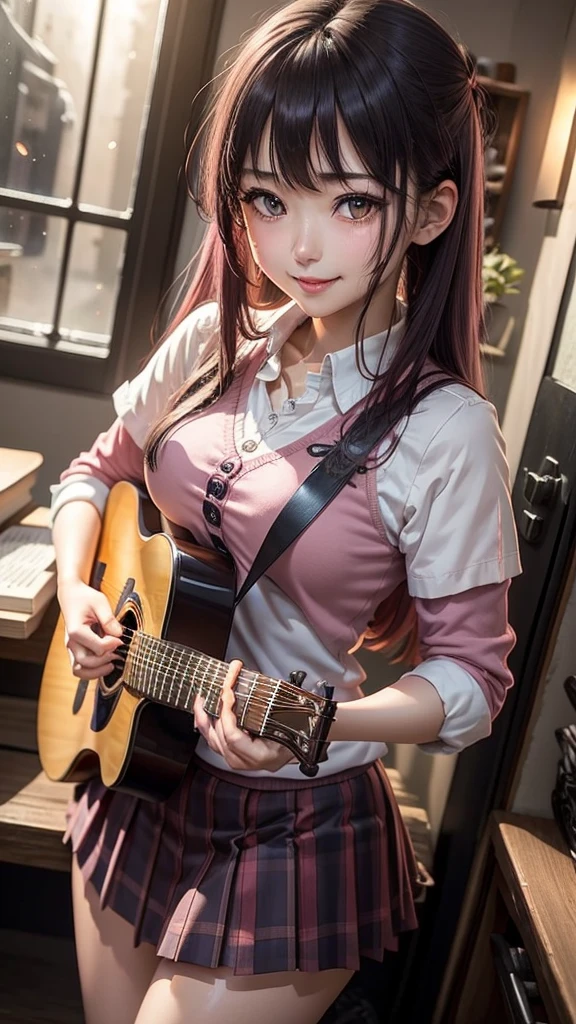 High school girl blazer、 uniform、Red checked knee-length skirt、Long skirt、JK Style、Jacket、smile、Knee-high socks、Thigh-high socks、pantyhose、A superb beauty、Super cute、ennui、Rare beauty、Twin tail hair、Black Dark Eyeshadow、Sad、Good skin glow、Long hair straightener、Dark Gothic Makeup、Dark Smile、Fragrant beauty、Stained glass background、Mastepiece、Best Quality、Refers to 5 books、Sweat glistening on my chest、Sweat glistening on my face、Small breasts、Dark pink hair、Age 22 years old、Slightly slim、Mysterious look、A sad expression、Pink Hair、mysterious gothic church、enchanting castle、Sweating profusely all over the body、A lot of sweat and light on the thighs、Shiny thighs、Plenty of sweat glistening on the thighs、A large amount of sweat glistens on my thighs、Sweating profusely、Gal、Small breasts、japanese face、Alluring expression、Thin thighs、Playing guitar、I have a guitar、Sing a song enthusiastically、Playing guitar in a band、Playing guitar chords、Live House Background、Sing a song、Open your mouth、Live house scenery、Looking down a little、Mike stand、
