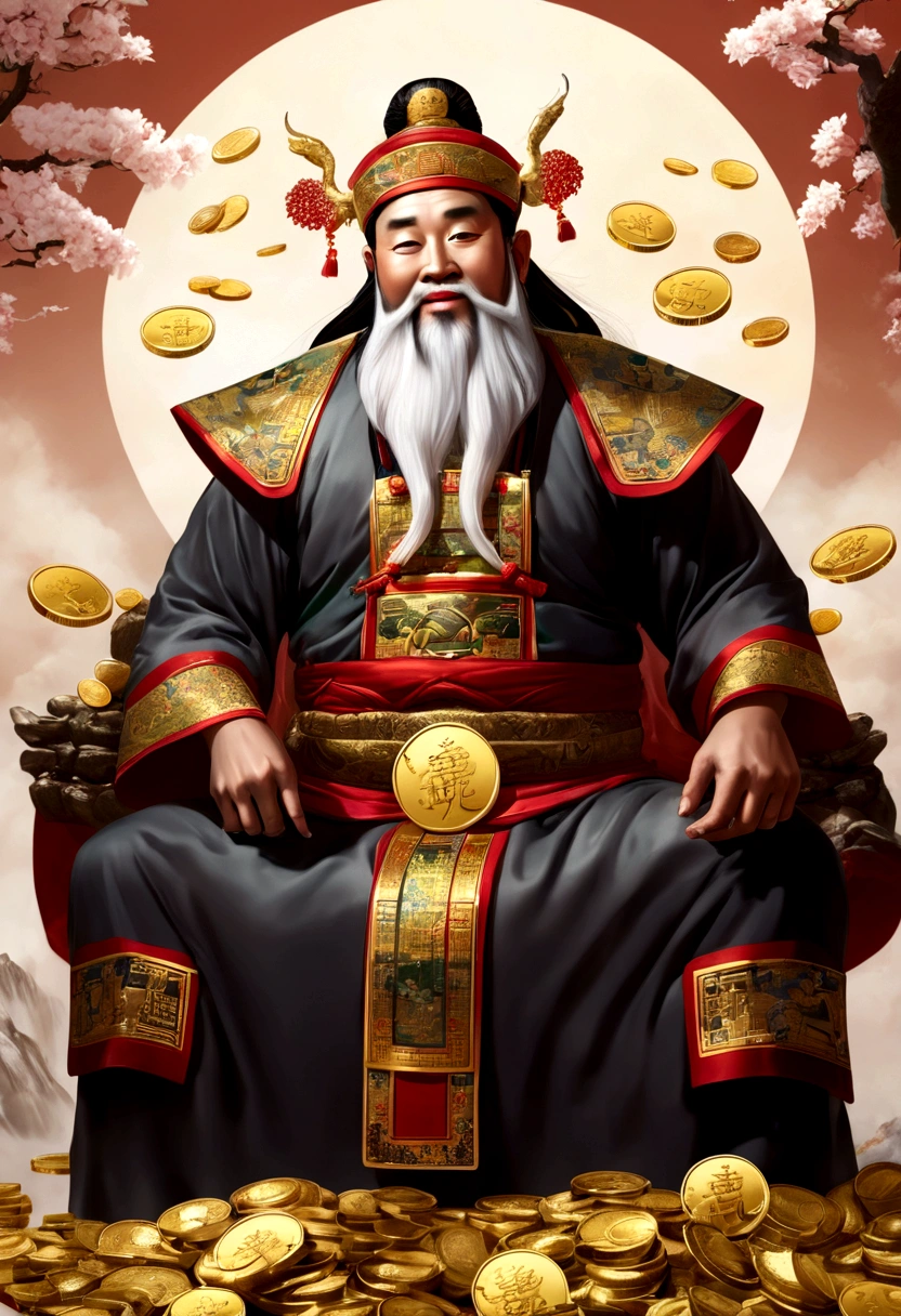 Chinese God of Wealth,Laught,Holding a stack of gold coins,white bearded,kind and kindness,gold coin flash