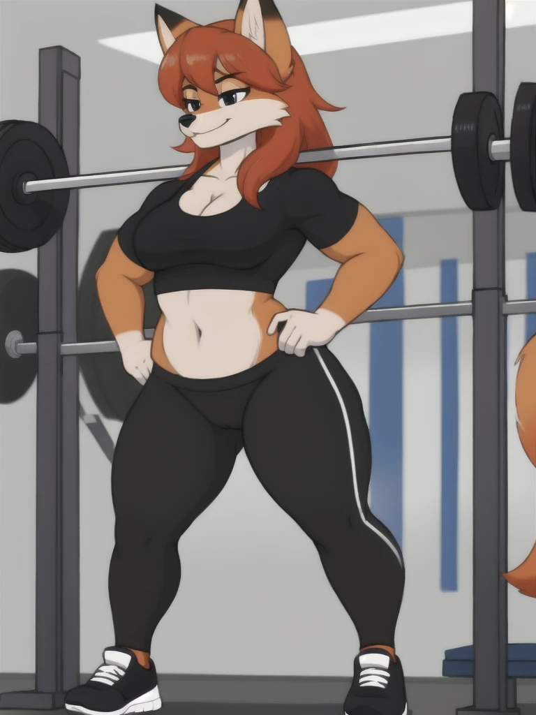 Furry, fox, female, black shirt, black leggings, shoes, gym, teen, standing, full body