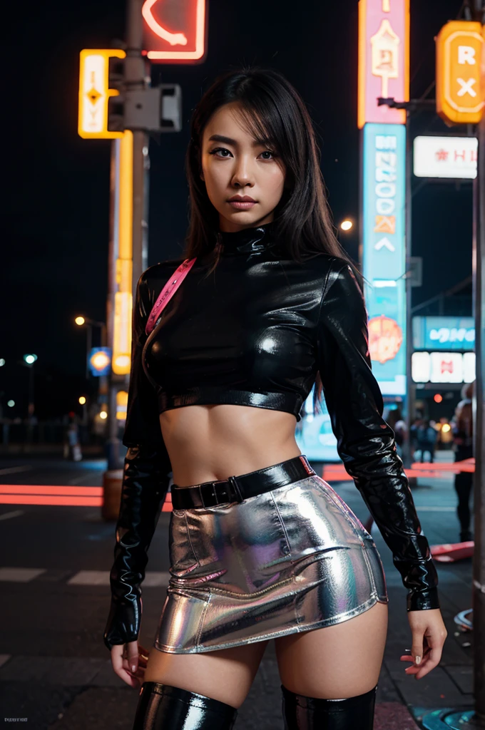 [[((young attractive Asian woman:1.5)), ((Sophie Tan:1.4)), standing in a neon-lit futuristic street, with her back to the camera. She is wearing ((a tight, shiny mini skirt that has blown up, exposing her buttocks, paired with a cropped metallic jacket and thigh-high boots:1.2)). Her hair is styled in sleek, straight strands, and she has a seductive, intense gaze over her shoulder. The background features neon signs, holographic advertisements, and futuristic buildings. The scene is captured with a ((full-frame DSLR:1.2)) using a ((35mm prime lens:1.2)) to keep the woman in sharp focus while the background is slightly blurred. Post-production enhances the neon colors and adds a ((soft bokeh effect:1.1)) to the background. The image should be in ((8K resolution:1.1)) with ((hyper-realistic detail:1.3)). The backdrop highlights the futuristic street with detailed textures of neon lights and buildings. The focus is on the woman's blown-up mini skirt and seductive, intense gaze. Neon lighting is used with slight enhancements to create a vibrant and energetic atmosphere, with a ((soft bokeh effect:1.1)) on the background, enhanced vibrancy, and high contrast to make the scene pop. She is standing with one hand on her hip, looking seductively over her shoulder, exuding confidence and allure, embodying Y2K chic.]]