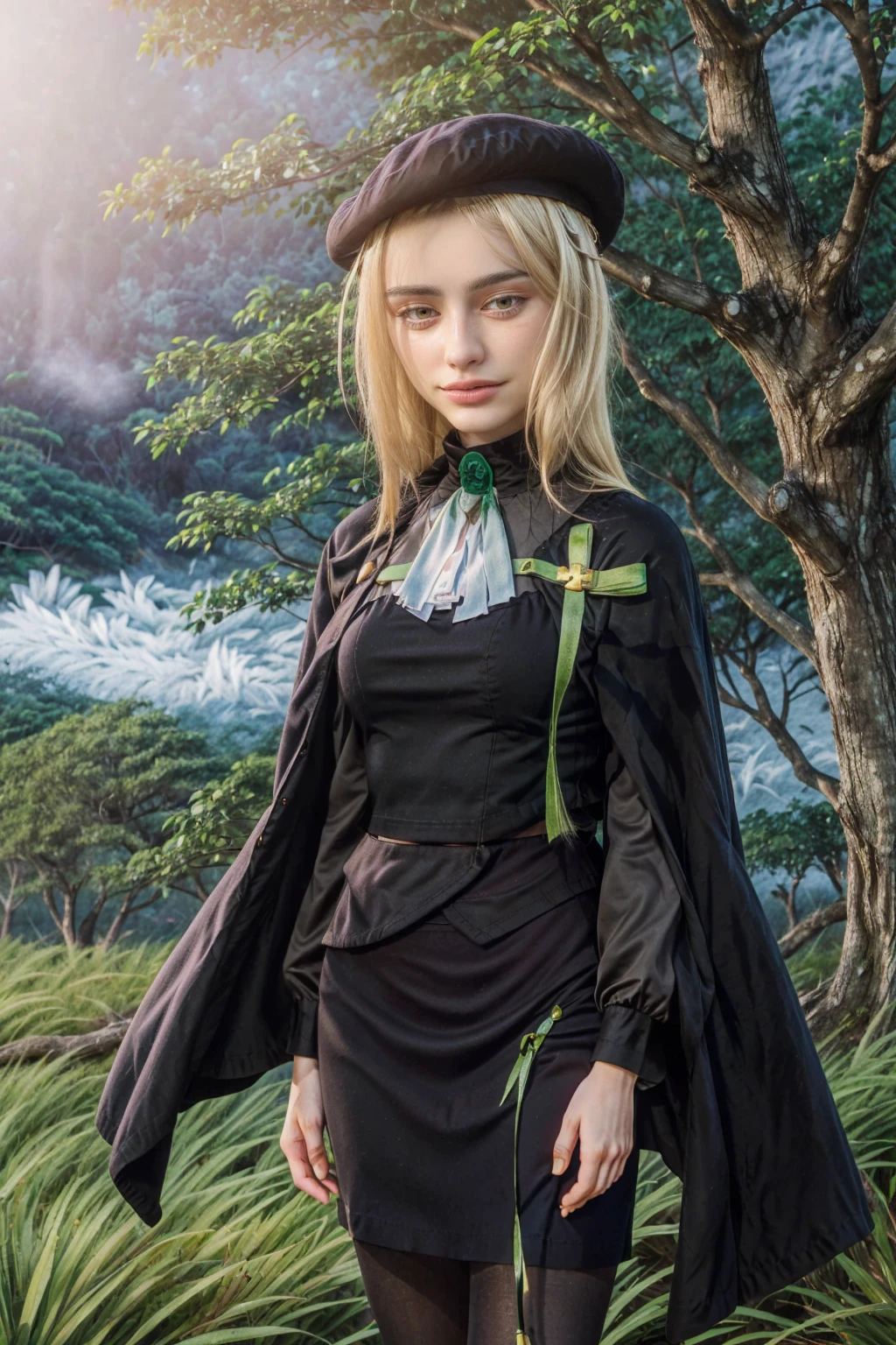 1 girl, best quality, ((Miyo)), tarankaaa, perfect face, beautiful smile, 30 years old, ((ascot, uniform, black skirt, cross, ribbon, gold blonde hair, emerald, beret, cape, pantyhose)), ((perfectly drawn hands)), perfect body, bare tree, bush, fog, forest, grass, nature, outdoors, plant, scenery, solo, standing, tree, 32k photograph, ((perfect eyes, detailed eyes,realistic eyes)), ((sharp face, detailed face, realistic face, natural skin, realistic skin, detailed skin, pores)), full body, tone mapping, asian-european, ((masterpiece)), ((highres)), ((detailed background)), japanese village background, night, big proportions,