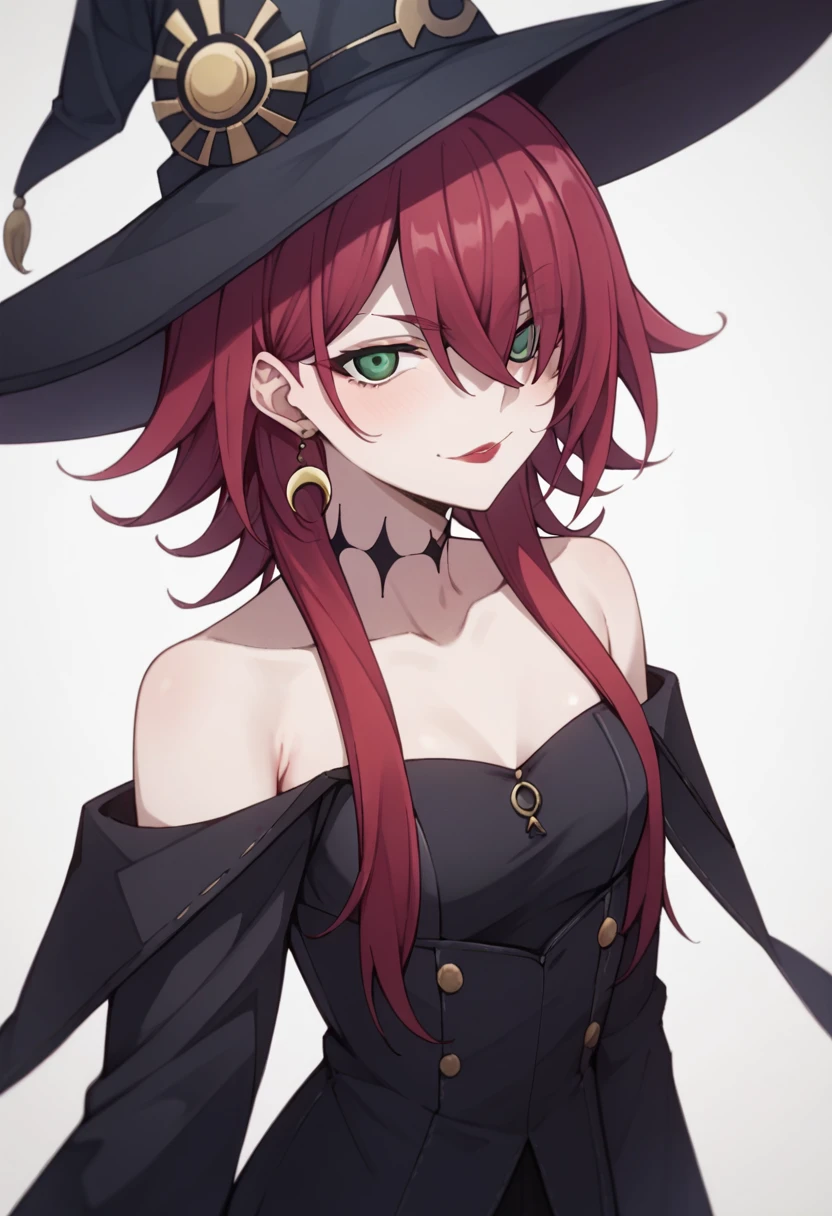 crimson, 1girl,sexy, desnudos,, small breasts, pechos grandes,hat, witch hat, solo, green eyes, red hair ,