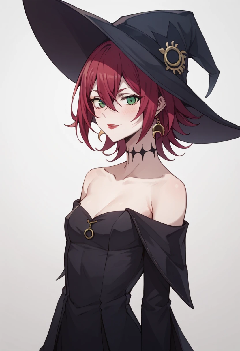 crimson, 1girl,sexy, desnudos,, small breasts, pechos grandes,hat, witch hat, solo, green eyes, red hair ,