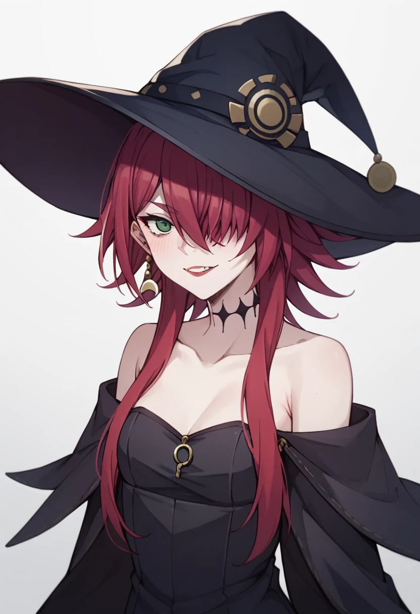 crimson, 1girl,sexy, desnudos,, small breasts, pechos grandes,hat, witch hat, solo, green eyes, red hair ,